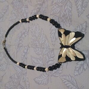 Elegant Black and Silver Butterfly Necklace Length: 10 Inches